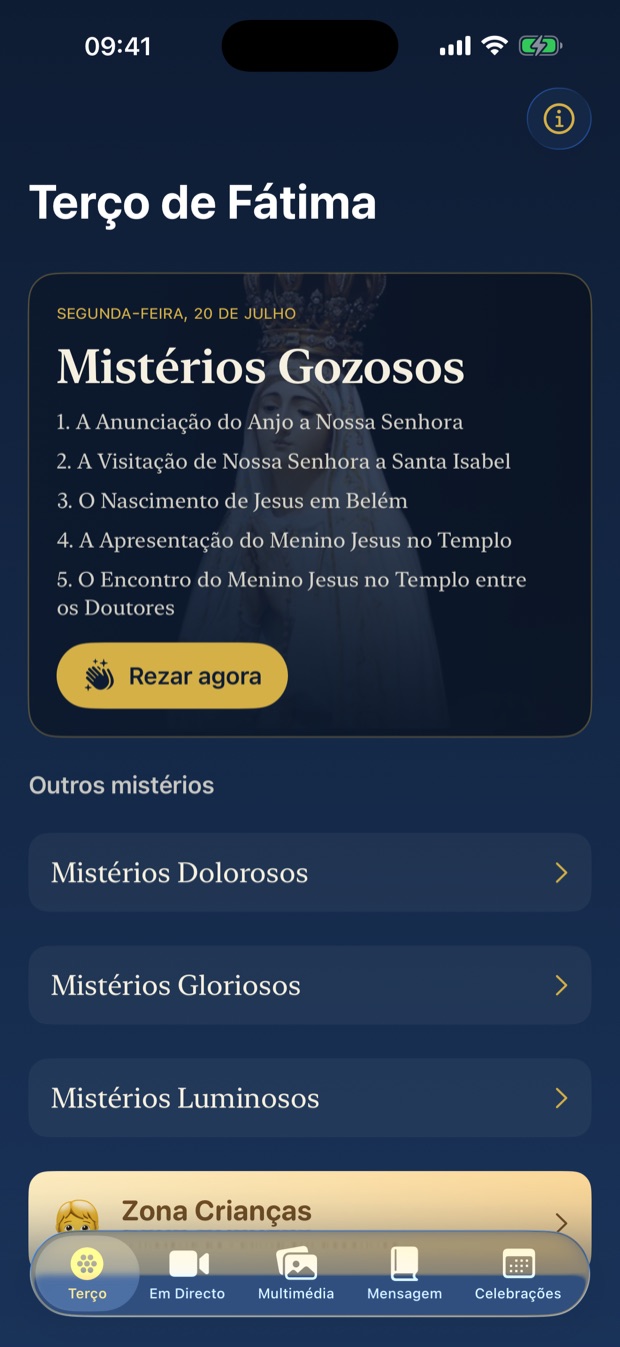 Ecrã inicial com os mistérios do dia
